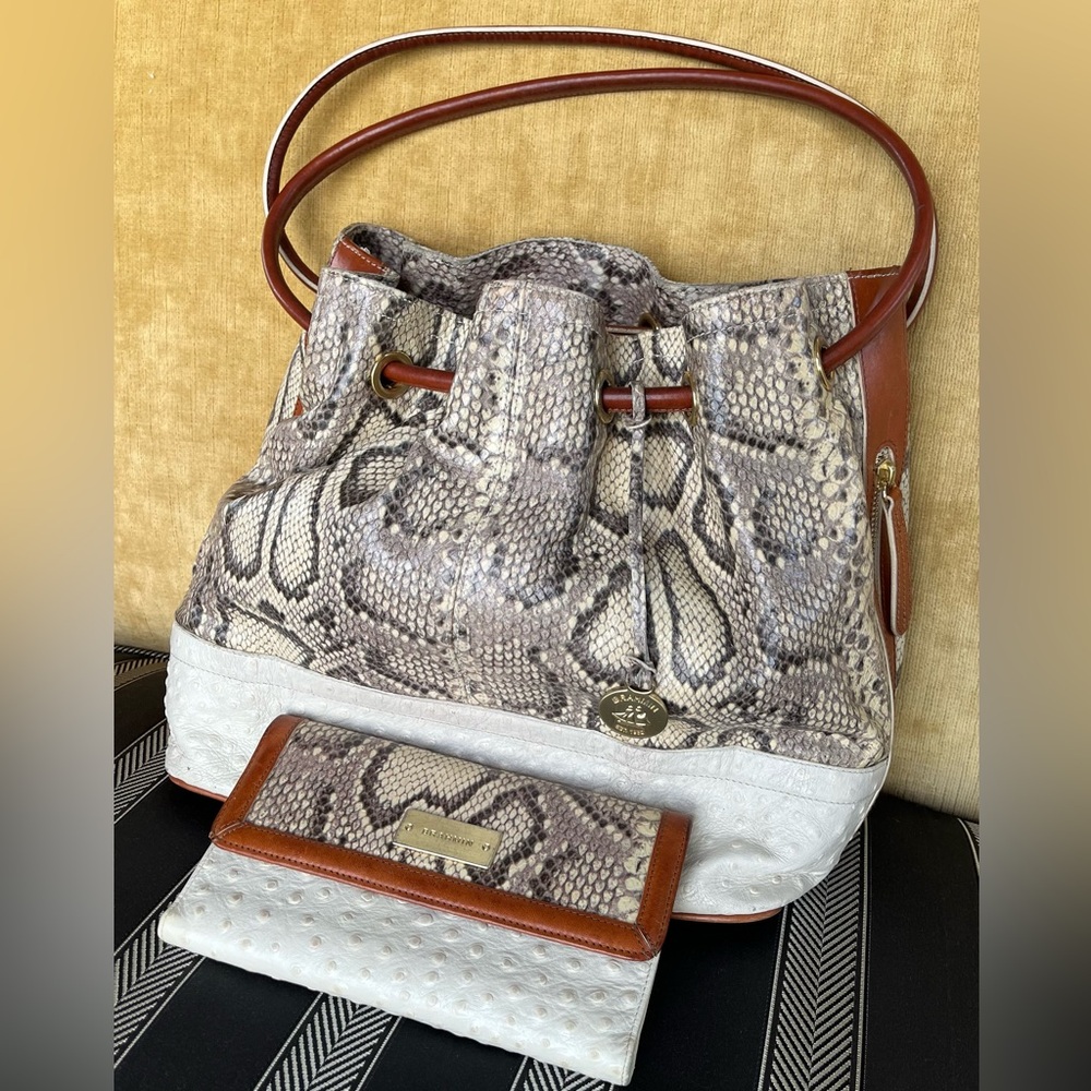 Brahmin Snakeskin Hobo w/Wallet in Brown and Cream